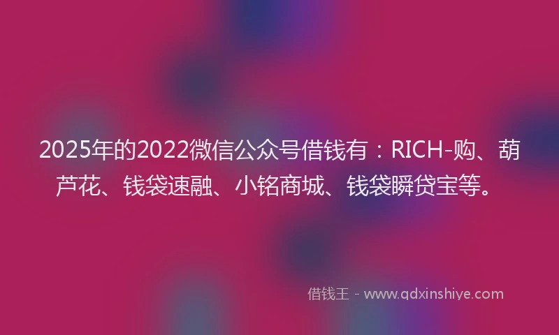 2025年的2022微信公众号借钱有：RICH-购、葫芦花、钱袋速融、小铭商城、钱袋瞬贷宝等。