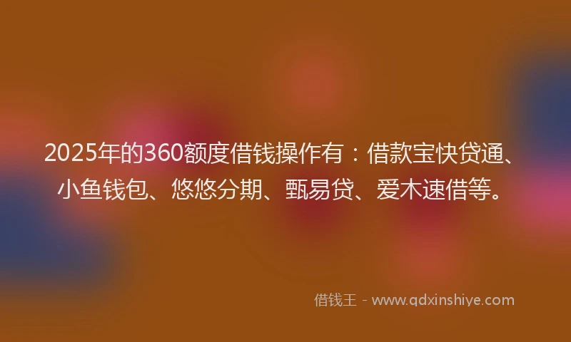 2025年的360额度借钱操作有：借款宝快贷通、小鱼钱包、悠悠分期、甄易贷、爱木速借等。