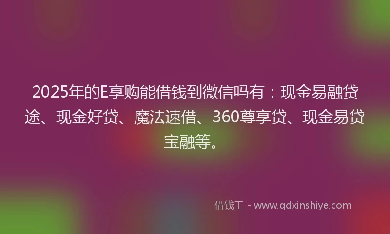 2025年的E享购能借钱到微信吗有：现金易融贷途、现金好贷、魔法速借、360尊享贷、现金易贷宝融等。