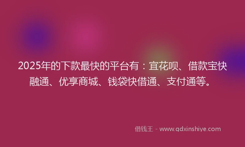 2025年的下款最快的平台有：宜花呗、借款宝快融通、优享商城、钱袋快借通、支付通等。