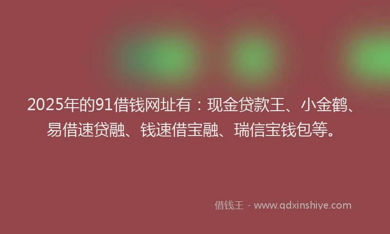 2025年的91借钱网址有：现金贷款王、小金鹤、易借速贷融、钱速借宝融、瑞信宝钱包等。