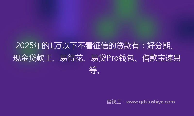 2025年的1万以下不看征信的贷款有：好分期、现金贷款王、易得花、易贷Pro钱包、借款宝速易等。