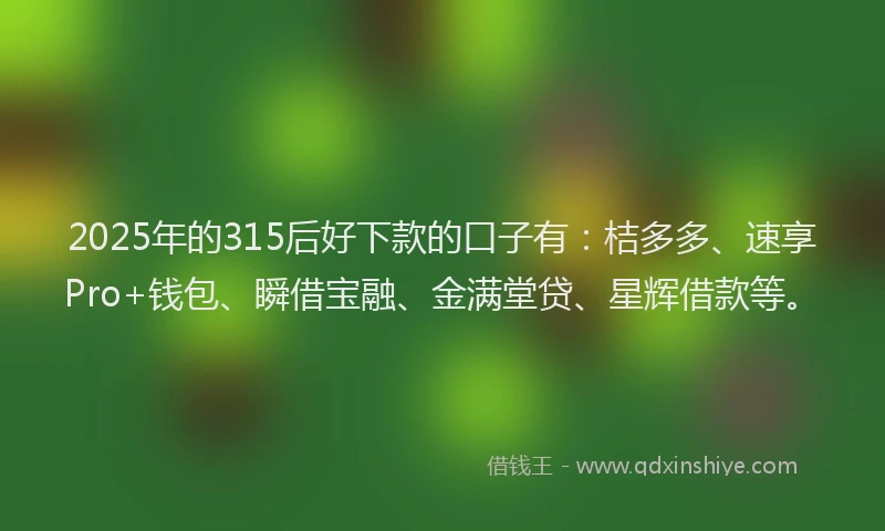 2025年的315后好下款的口子有：桔多多、速享Pro+钱包、瞬借宝融、金满堂贷、星辉借款等。