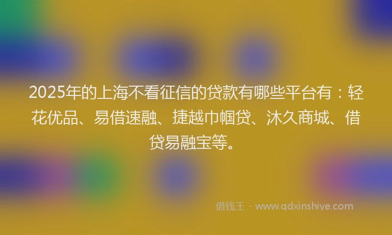 2025年的上海不看征信的贷款有哪些平台有：轻花优品、易借速融、捷越巾帼贷、沐久商城、借贷易融宝等。