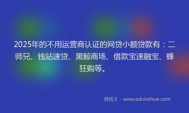 2025年的不用运营商认证的网贷小额贷款有：二师兄、钱站速贷、黑鲸商场、借款宝速融宝、蜂狂购等。