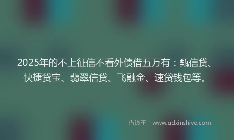 2025年的不上征信不看外债借五万有：甄信贷、快捷贷宝、翡翠信贷、飞融金、速贷钱包等。