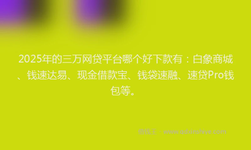 2025年的三万网贷平台哪个好下款有：白象商城、钱速达易、现金借款宝、钱袋速融、速贷Pro钱包等。