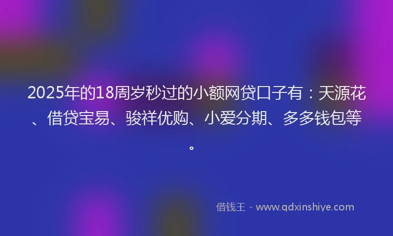 2025年的18周岁秒过的小额网贷口子有：天源花、借贷宝易、骏祥优购、小爱分期、多多钱包等。