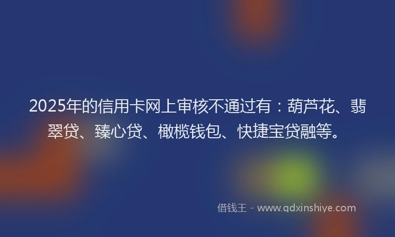 2025年的信用卡网上审核不通过有：葫芦花、翡翠贷、臻心贷、橄榄钱包、快捷宝贷融等。