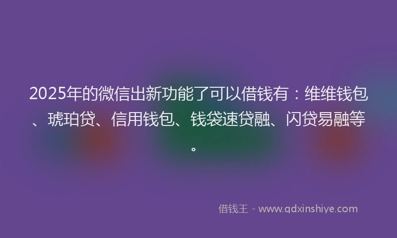 2025年的微信出新功能了可以借钱有：维维钱包、琥珀贷、信用钱包、钱袋速贷融、闪贷易融等。