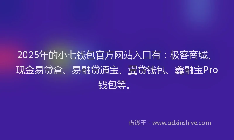 2025年的小七钱包官方网站入口有：极客商城、现金易贷盒、易融贷通宝、翼贷钱包、鑫融宝Pro钱包等。