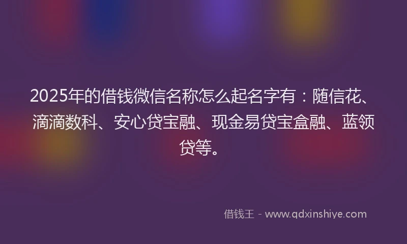 2025年的借钱微信名称怎么起名字有：随信花、滴滴数科、安心贷宝融、现金易贷宝盒融、蓝领贷等。