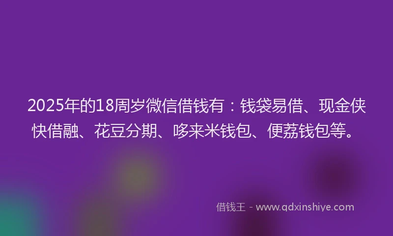 2025年的18周岁微信借钱有：钱袋易借、现金侠快借融、花豆分期、哆来米钱包、便荔钱包等。