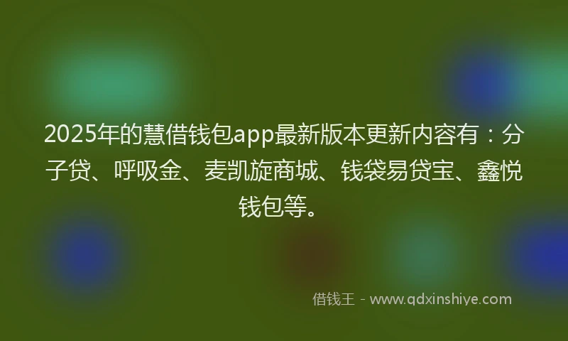 2025年的慧借钱包app最新版本更新内容有：分子贷、呼吸金、麦凯旋商城、钱袋易贷宝、鑫悦钱包等。