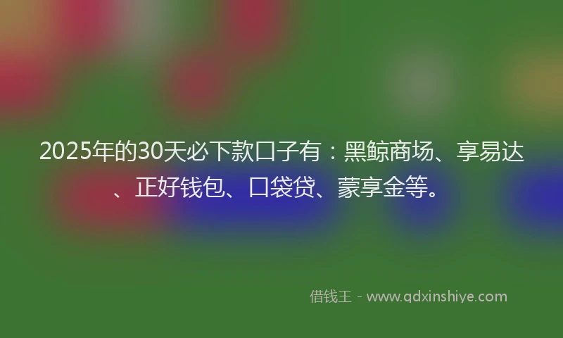 2025年的30天必下款口子有：黑鲸商场、享易达、正好钱包、口袋贷、蒙享金等。