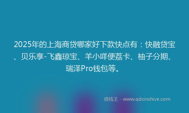 2025年的上海商贷哪家好下款快点有：快融贷宝、贝乐享-飞鑫琼宝、羊小咩便荔卡、柚子分期、瑞泽Pro钱包等。