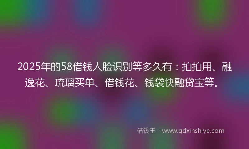 2025年的58借钱人脸识别等多久有：拍拍用、融逸花、琉璃买单、借钱花、钱袋快融贷宝等。