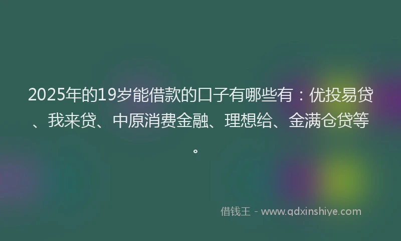 2025年的19岁能借款的口子有哪些有：优投易贷、我来贷、中原消费金融、理想给、金满仓贷等。