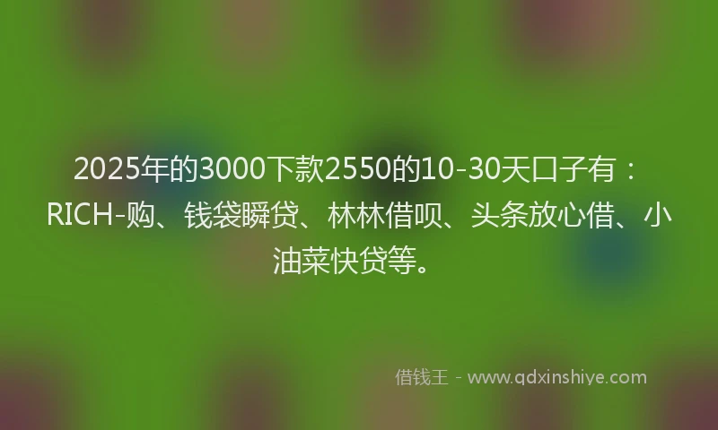 2025年的3000下款2550的10-30天口子有：RICH-购、钱袋瞬贷、林林借呗、头条放心借、小油菜快贷等。