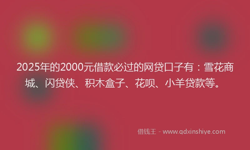 2025年的2000元借款必过的网贷口子有：雪花商城、闪贷侠、积木盒子、花呗、小羊贷款等。