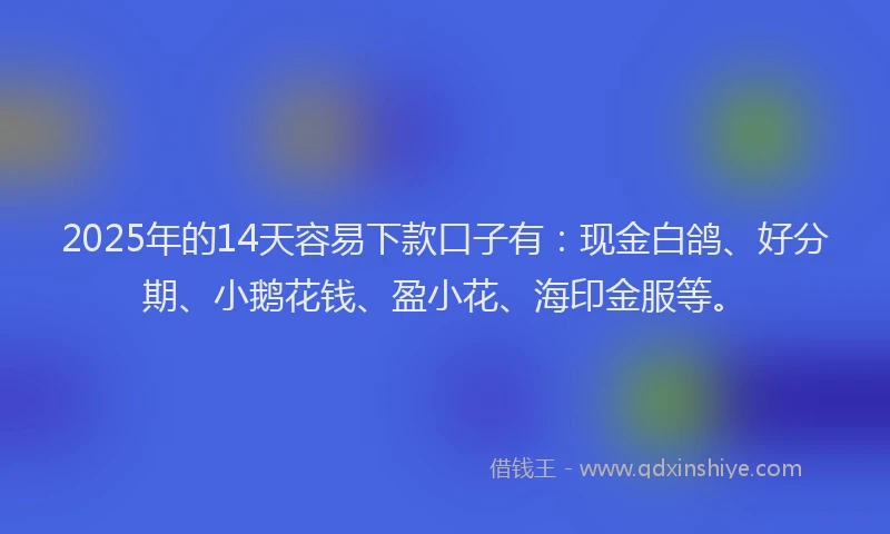 2025年的14天容易下款口子有：现金白鸽、好分期、小鹅花钱、盈小花、海印金服等。