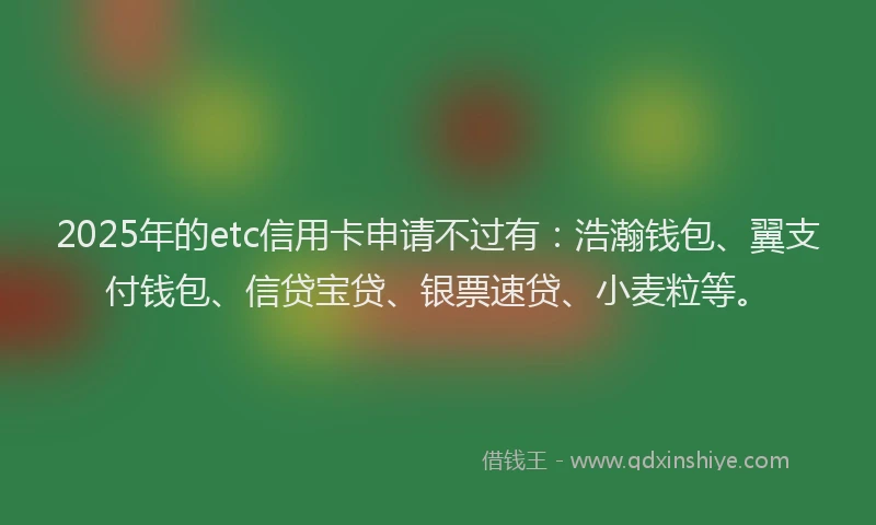 2025年的etc信用卡申请不过有：浩瀚钱包、翼支付钱包、信贷宝贷、银票速贷、小麦粒等。