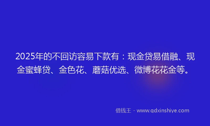 2025年的不回访容易下款有：现金贷易借融、现金蜜蜂贷、金色花、蘑菇优选、微博花花金等。