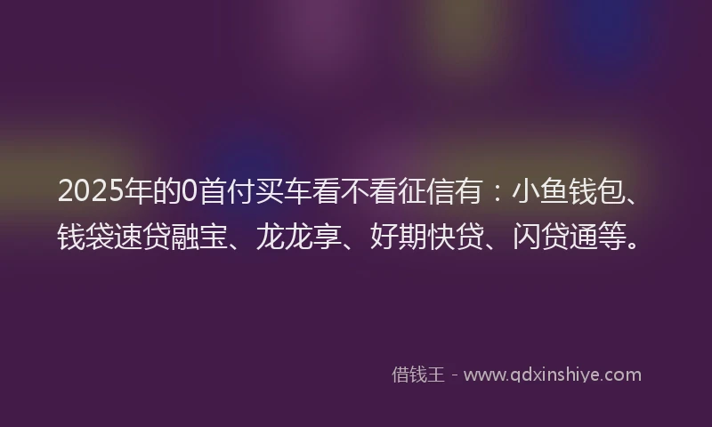 2025年的0首付买车看不看征信有：小鱼钱包、钱袋速贷融宝、龙龙享、好期快贷、闪贷通等。