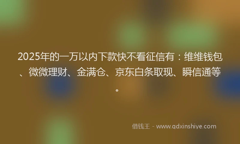2025年的一万以内下款快不看征信有：维维钱包、微微理财、金满仓、京东白条取现、瞬信通等。