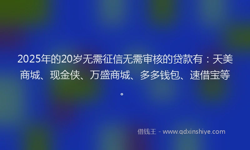 2025年的20岁无需征信无需审核的贷款有：天美商城、现金侠、万盛商城、多多钱包、速借宝等。