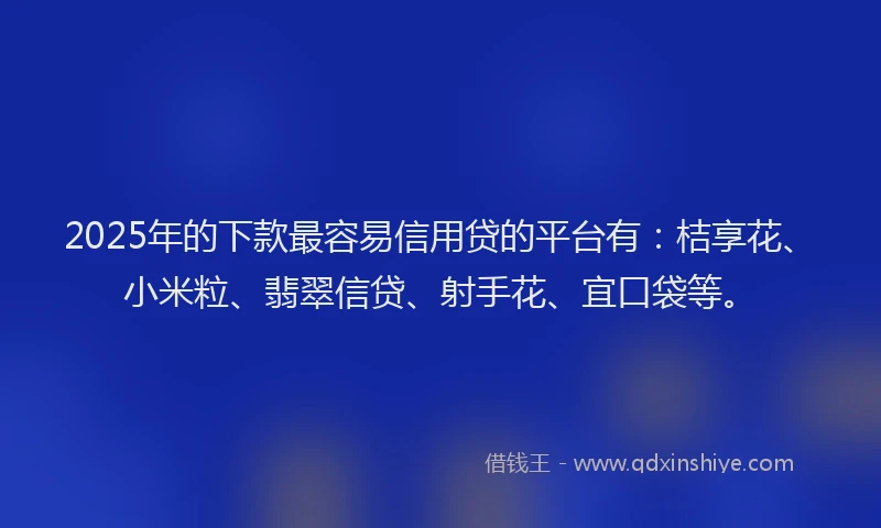 2025年的下款最容易信用贷的平台有：桔享花、小米粒、翡翠信贷、射手花、宜口袋等。