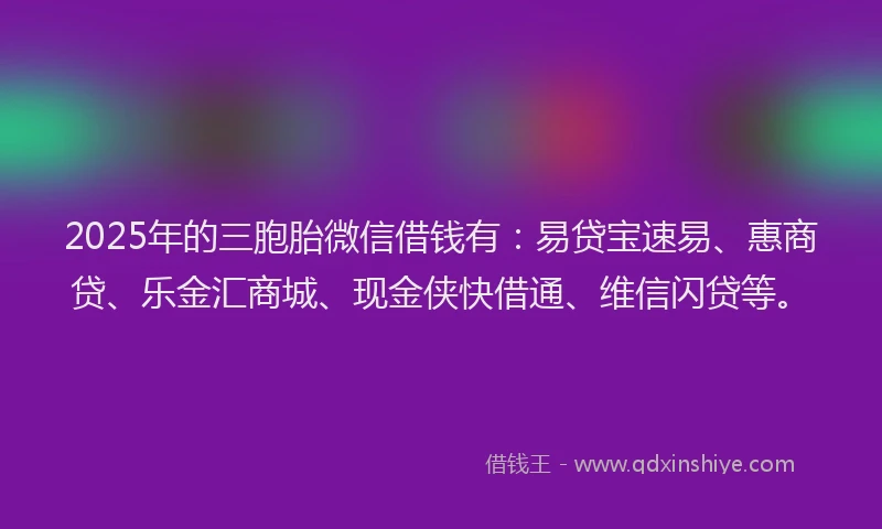 2025年的三胞胎微信借钱有：易贷宝速易、惠商贷、乐金汇商城、现金侠快借通、维信闪贷等。