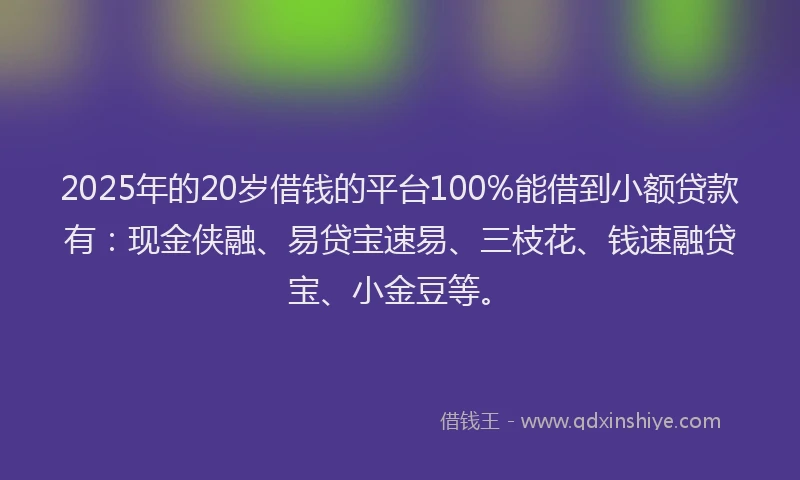 2025年的20岁借钱的平台100%能借到小额贷款有：现金侠融、易贷宝速易、三枝花、钱速融贷宝、小金豆等。