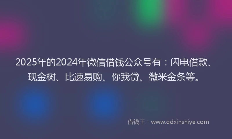 2025年的2024年微信借钱公众号有：闪电借款、现金树、比速易购、你我贷、微米金条等。