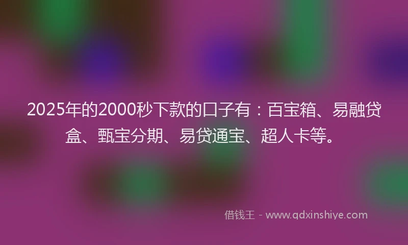 2025年的2000秒下款的口子有：百宝箱、易融贷盒、甄宝分期、易贷通宝、超人卡等。