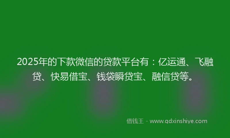 2025年的下款微信的贷款平台有：亿运通、飞融贷、快易借宝、钱袋瞬贷宝、融信贷等。