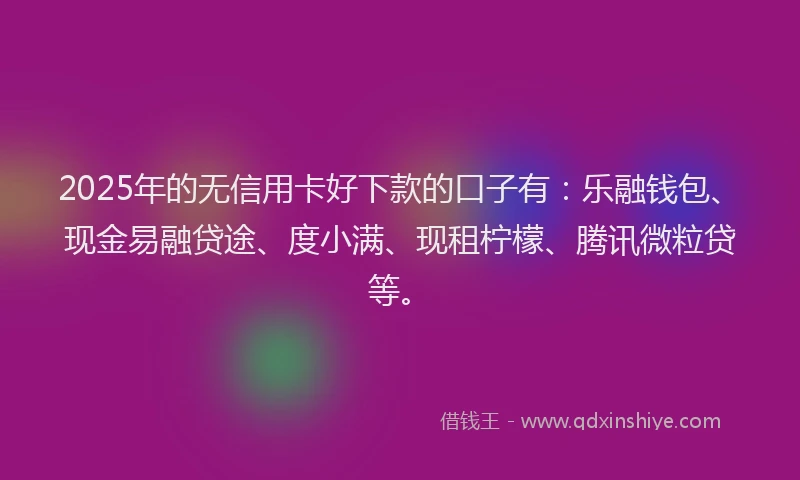 2025年的无信用卡好下款的口子有：乐融钱包、现金易融贷途、度小满、现租柠檬、腾讯微粒贷等。