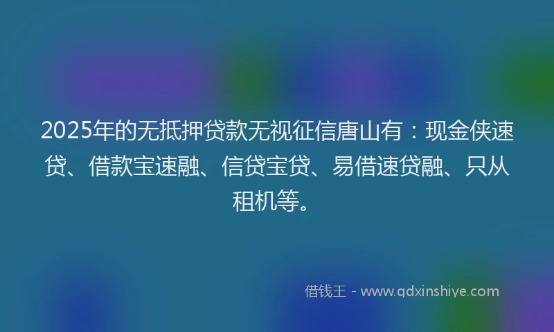 2025年的无抵押贷款无视征信唐山有：现金侠速贷、借款宝速融、信贷宝贷、易借速贷融、只从租机等。
