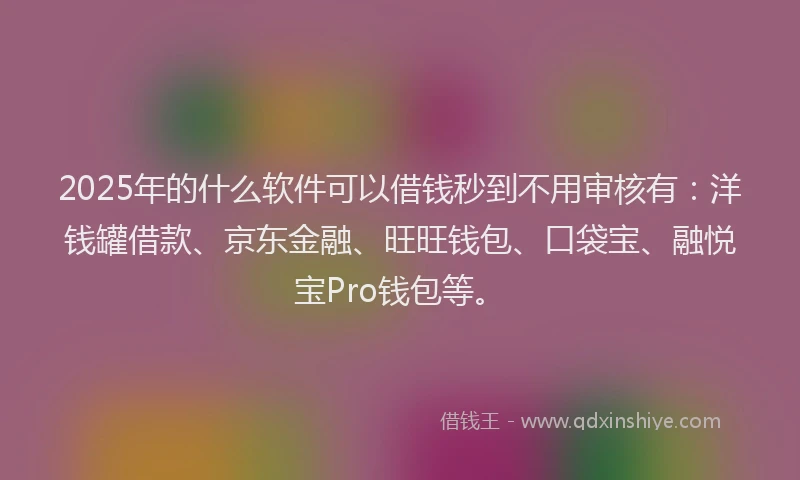 2025年的什么软件可以借钱秒到不用审核有：洋钱罐借款、京东金融、旺旺钱包、口袋宝、融悦宝Pro钱包等。