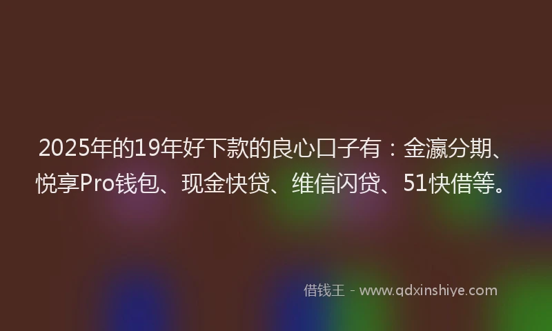 2025年的19年好下款的良心口子有：金瀛分期、悦享Pro钱包、现金快贷、维信闪贷、51快借等。
