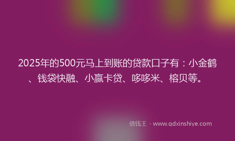 2025年的500元马上到账的贷款口子有：小金鹤、钱袋快融、小赢卡贷、哆哆米、榕贝等。