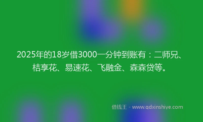 2025年的18岁借3000一分钟到账有：二师兄、桔享花、易速花、飞融金、森森贷等。