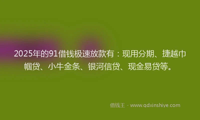 2025年的91借钱极速放款有：现用分期、捷越巾帼贷、小牛金条、银河信贷、现金易贷等。