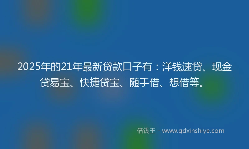 2025年的21年最新贷款口子有：洋钱速贷、现金贷易宝、快捷贷宝、随手借、想借等。