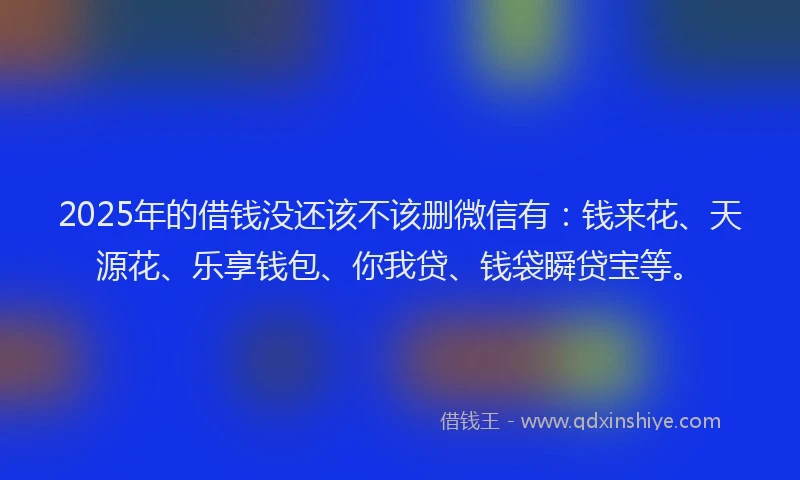 2025年的借钱没还该不该删微信有：钱来花、天源花、乐享钱包、你我贷、钱袋瞬贷宝等。