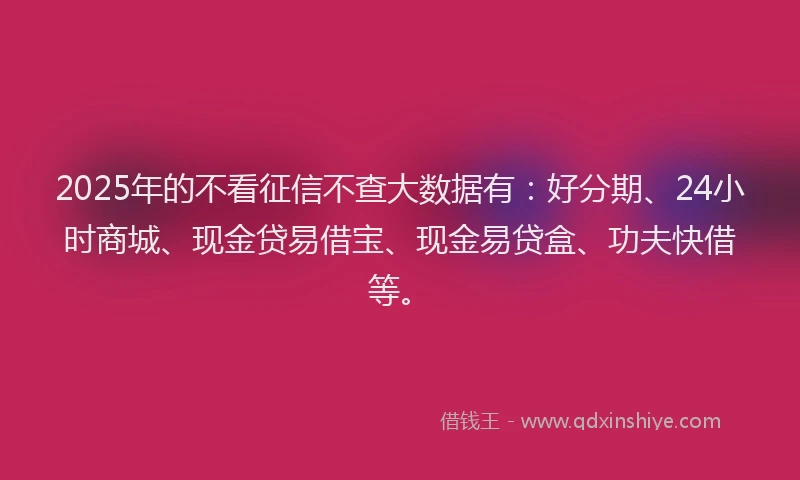 2025年的不看征信不查大数据有：好分期、24小时商城、现金贷易借宝、现金易贷盒、功夫快借等。