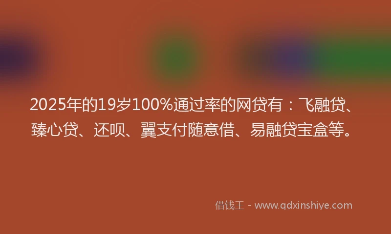2025年的19岁100%通过率的网贷有：飞融贷、臻心贷、还呗、翼支付随意借、易融贷宝盒等。