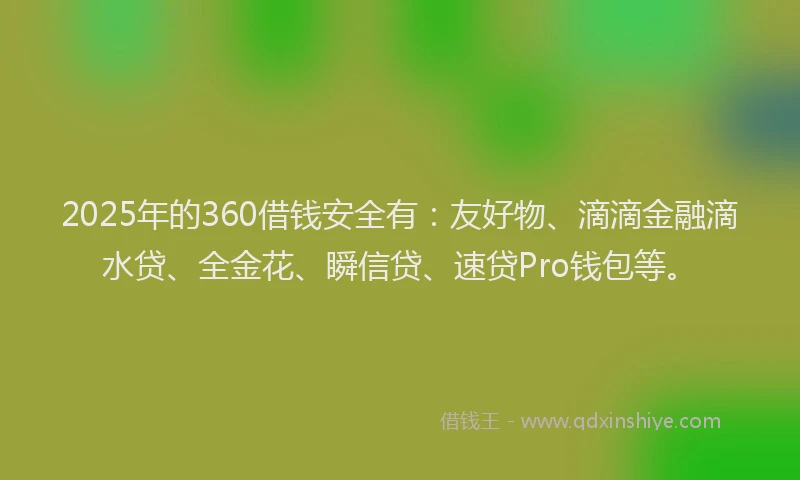 2025年的360借钱安全有：友好物、滴滴金融滴水贷、全金花、瞬信贷、速贷Pro钱包等。