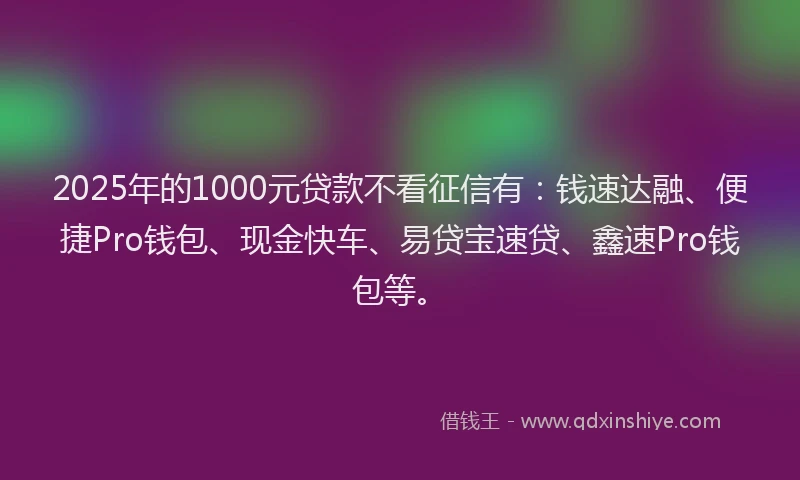2025年的1000元贷款不看征信有：钱速达融、便捷Pro钱包、现金快车、易贷宝速贷、鑫速Pro钱包等。