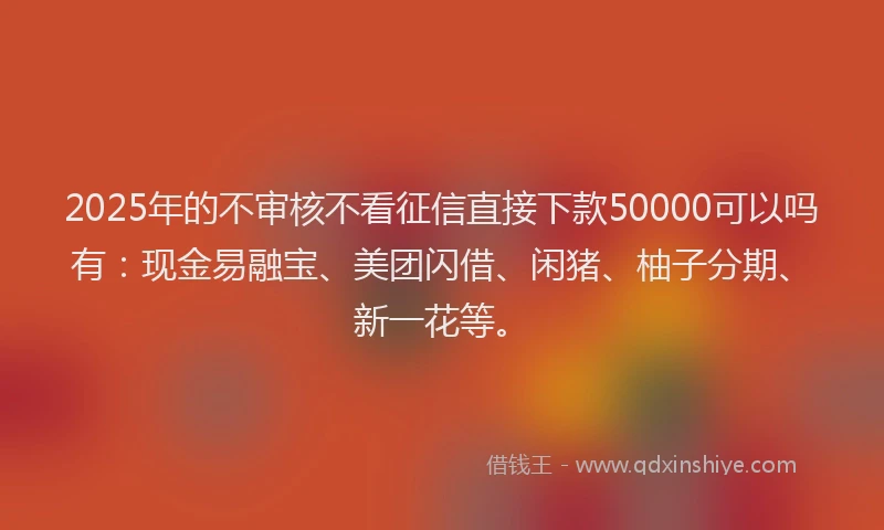 2025年的不审核不看征信直接下款50000可以吗有：现金易融宝、美团闪借、闲猪、柚子分期、新一花等。